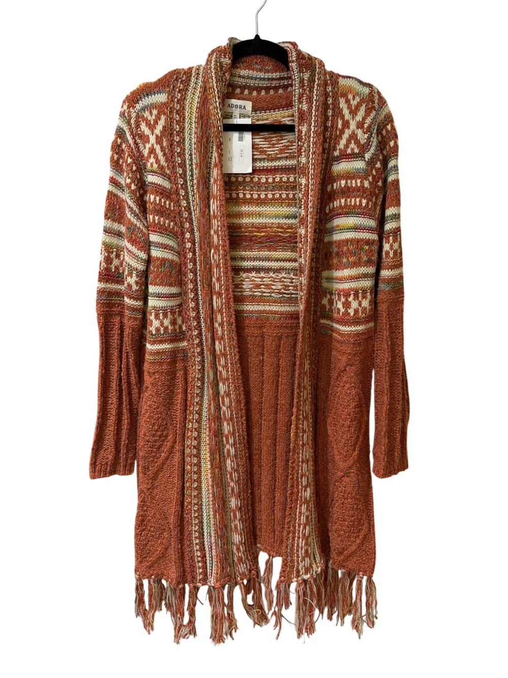 ADORA Rust Multicolor Fair Isle Open-Front Fringe Cardigan NWT size M/L